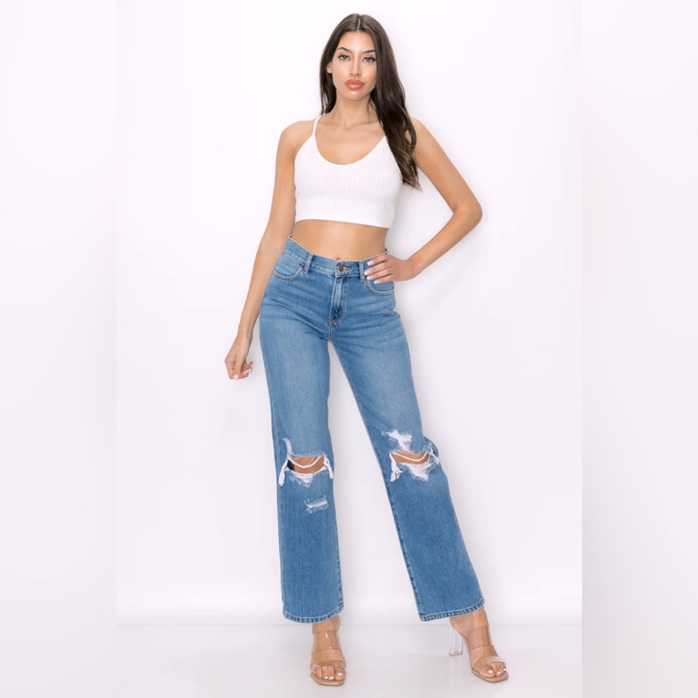 Encore Jeans - Whitney High Rise Destructed Wide Leg